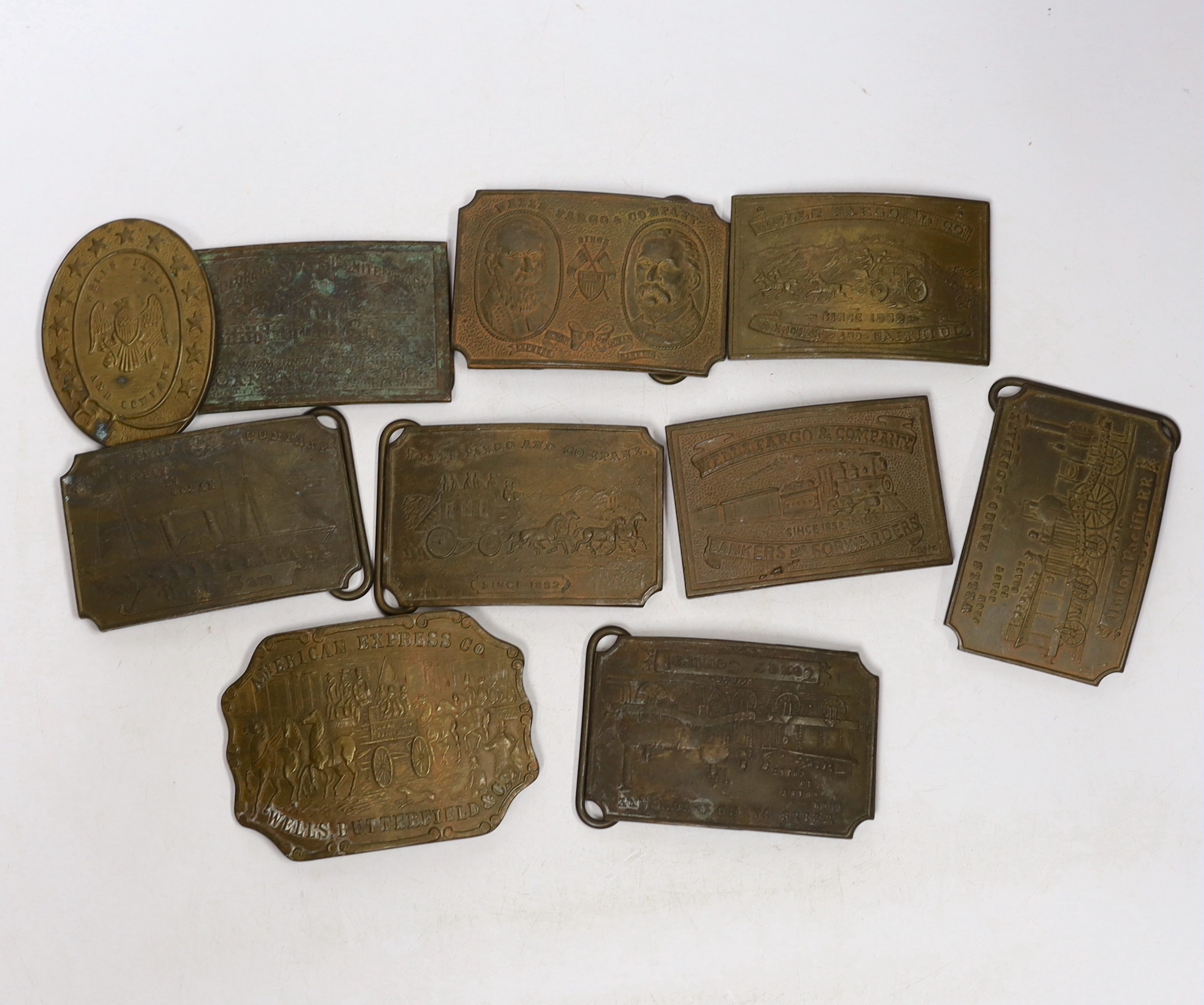 A collection of Wells Fargo and similar belt buckles, mostly by Tiffany & Co.